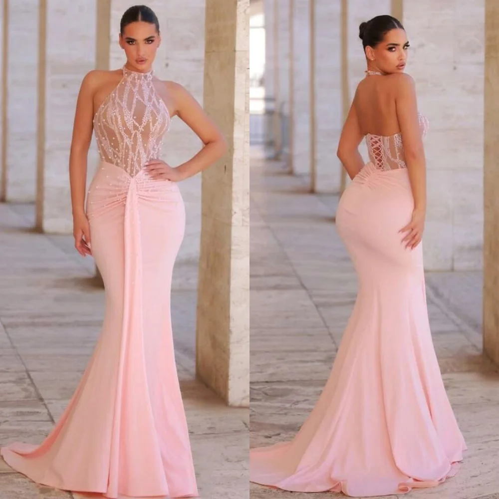 

Customized Exquisite Fashion Chiffon Sequined Pleat Mermaid Halter Long Dresses Bespoke Occasion Dresses High Quality Classic