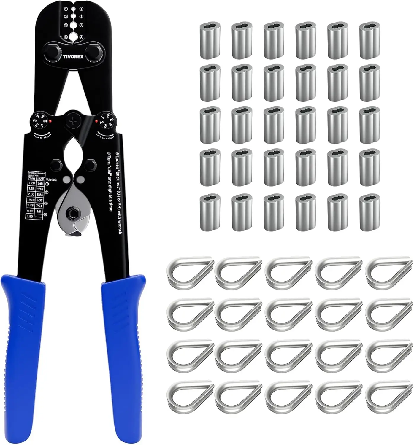 

Wire Rope Crimping Tool Kit with Built-in Cutter, 4 Sizes from 3/64-inch to 1/8-inch for Aluminum Oval and Double Sleeves,