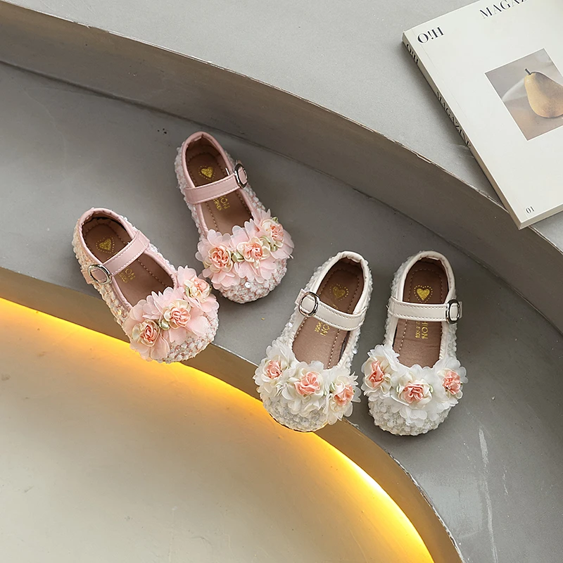 

Детские туфли для девочек, весенние, розовые, бежевые, с цветочным декором, милые, для малышей, принцесс, на свадьбу, модные, размеры 21-30