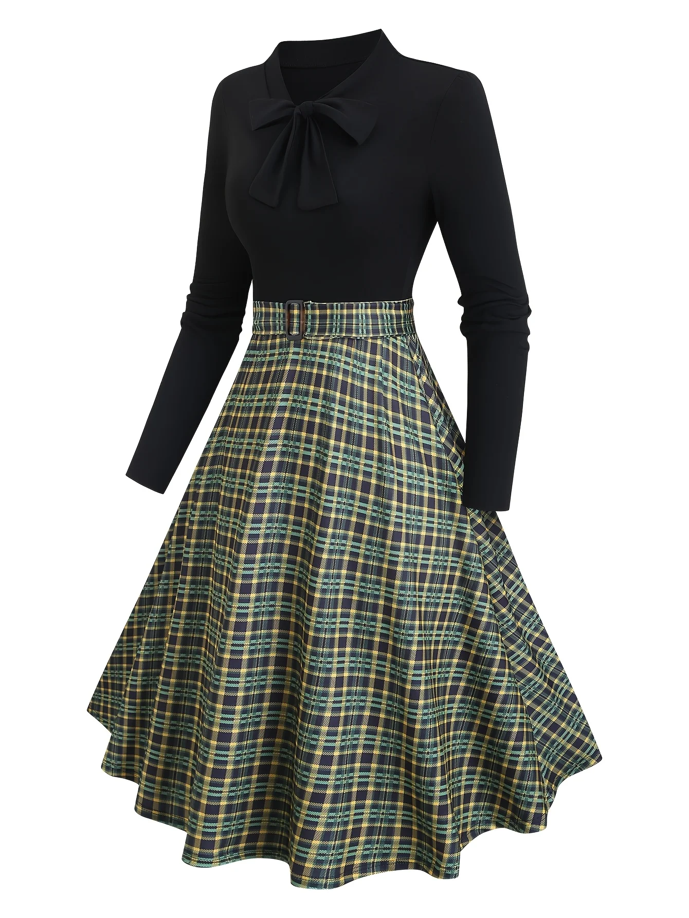 

A plus-size lady's retro dark green plaid knit dress from the era