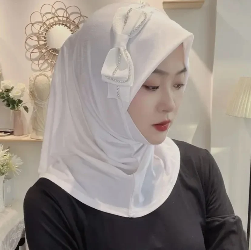 Black White Bow Decor Muslem Women Hijabs Soft Hat
