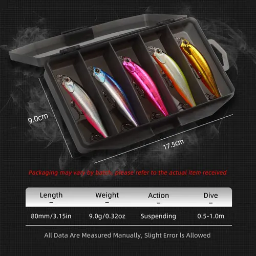 Imagen 2 del producto Señuelos de Pesca Magic Works Minnow, Juego de 5 Piezas, Señuelo de Pesca Jerkbait para Lubina, Caja de Señuelos, 80 mm, 9 g, Señuelos Wobblers para Lucio, Señuelos Suspendidos para Trucha
