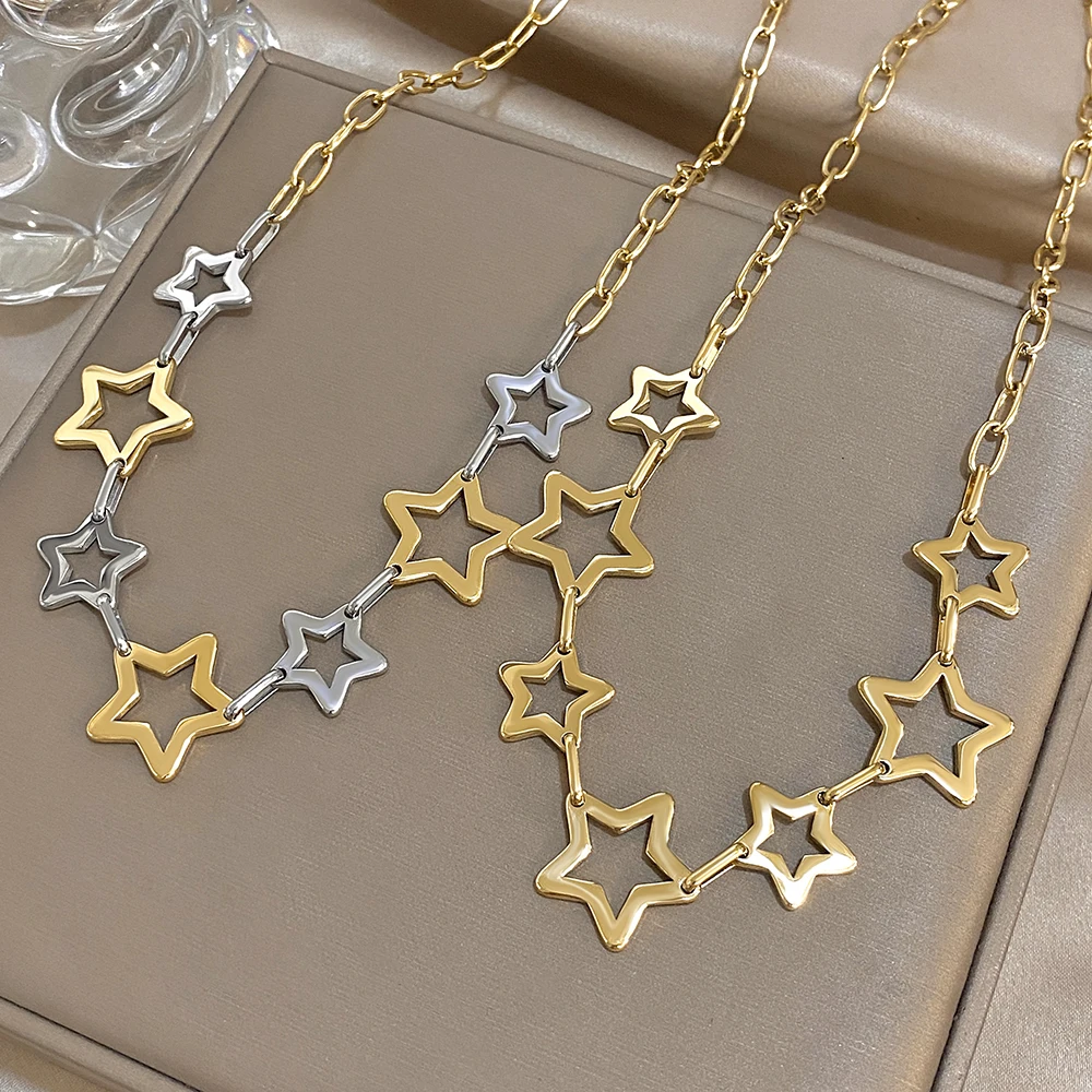 펑크 청키 할로우 스타 두꺼운 체인 스테인리스 스틸 목걸이 여성 남성 패션 금도금 스타 칼라 목걸이 주얼리