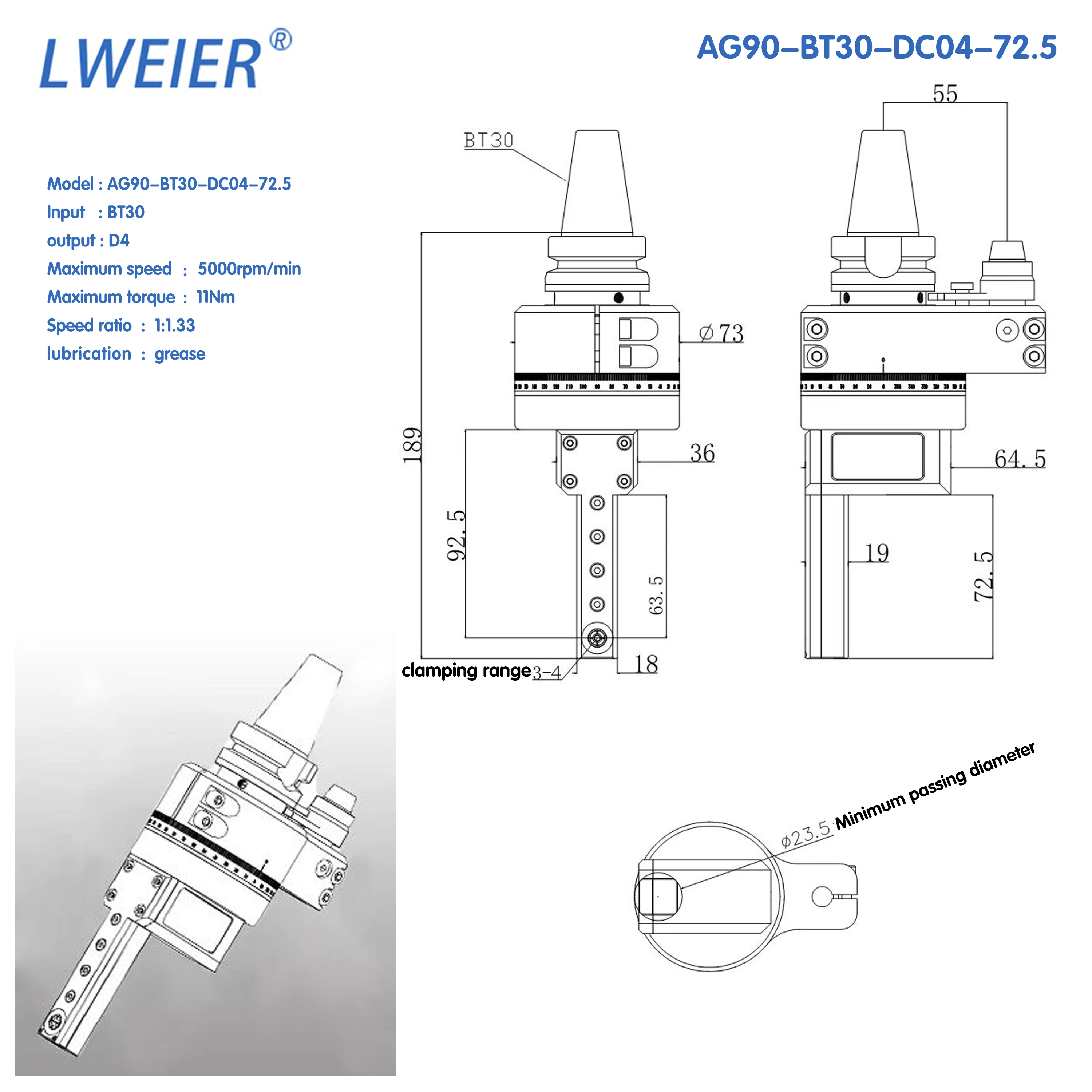 LWEIER Hot Selling Angle Head BT/ISO/SK/CAT-DC04-72.5 Small Diameter Inner Cavity Anti-interference Right Angle Milling Head