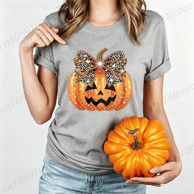 T-Shirt mit Leoparden-Motiv und gruseligem Kürbisgesicht für Halloween, für Damen, gruselige Kürbiskopf-Grafik, Tops, T-Shirts, Y2K-Ästhetische Streetwear – Detail 4