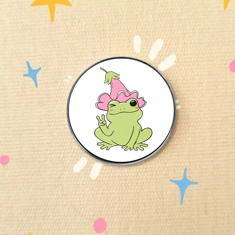 Cute Frog Scissors Hand UV Printing Badges Pink Hat Cartoon Animal Pin Alloy Brooches Lapel Backpack Jewelry Gifts For Friends