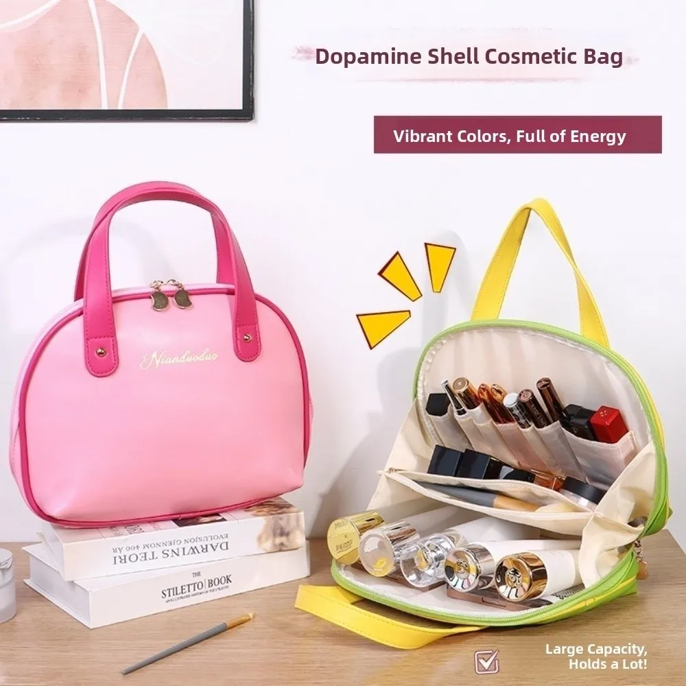 

Large Capacity PU Cosmetic Bag Storage Container Dopamine Color Handheld Make Up Bag With Compartments Dust-proof Washing Bag
