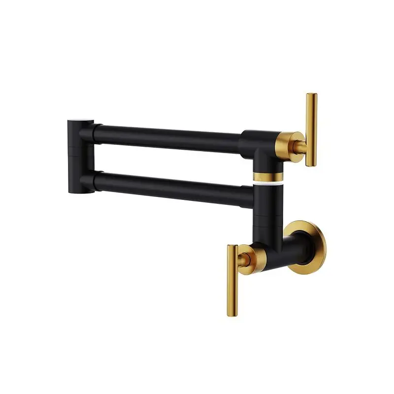 

Black & Gold Pot Filler Faucet, Brass Wall Mount Folding Sink Tap, Retractable Single Hole Design with Dual Handles for Kitchen