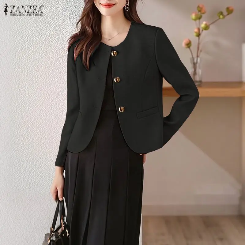 

ZANZEA повседневные черные пиджаки для женщин, весенний однотонный легкий пиджак с круглым вырезом и длинными рукавами на пуговицах, женская одежда 3XL