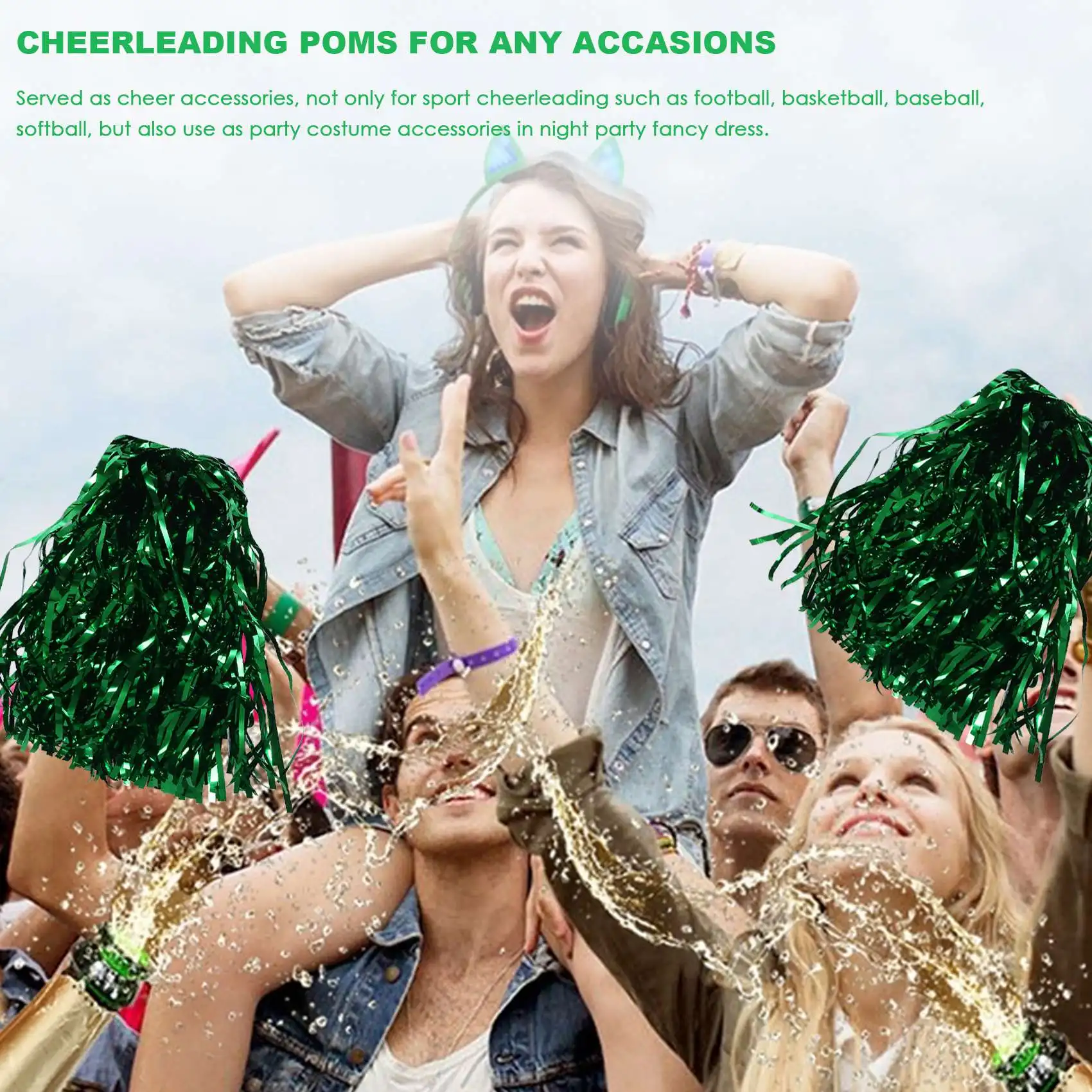 

NEW 24Pcs Cheerleading Pom Poms Metallic Foil Cheer Pom Poms with Plastic Handle for Adults Kids Cheerleaders Party Green