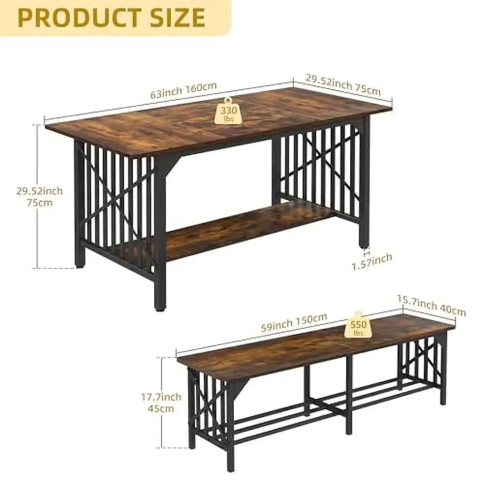 Industrial 3-Piece Dining Table Set with 2 Benches 4-8 People Dual Storage Space Versatile Use Sturdy & Durable Easy Assembly