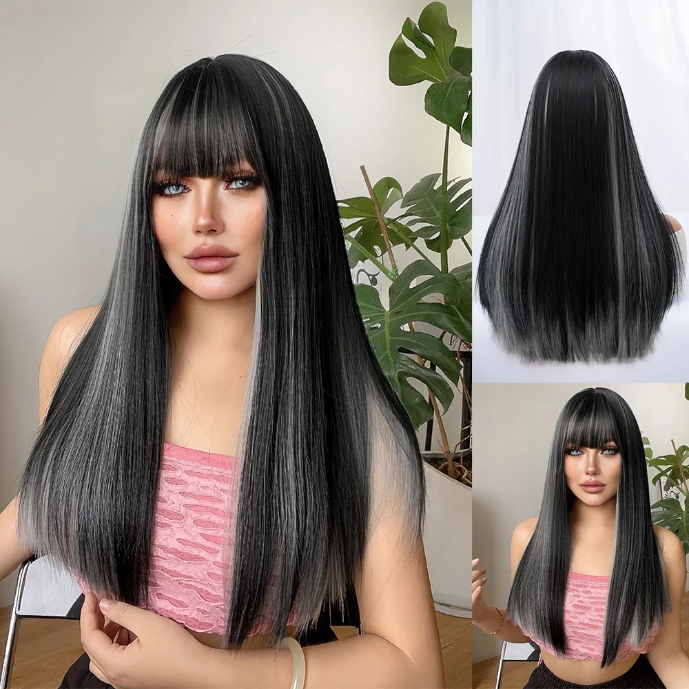 24Inch Black Highlight Grey Synthetic Wigs With Bang Medium Natural Straight Hair Wig for Women Daily Use Cosplay Heat Resistant