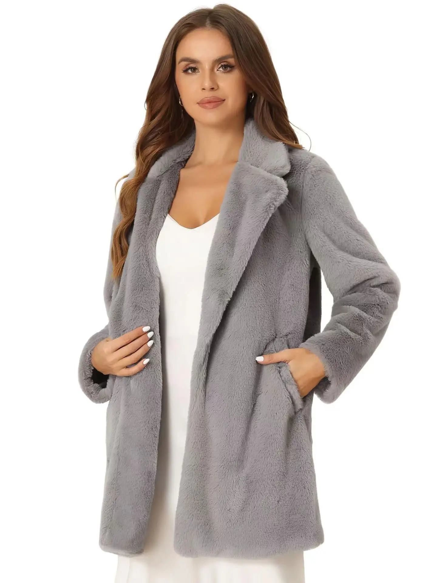 Women Faux Fur Mid Length Coats Jackets Turn Down Collar Coat Thick Warm Y2k Streetwear Jacket Elegant Casual Autumn Winter