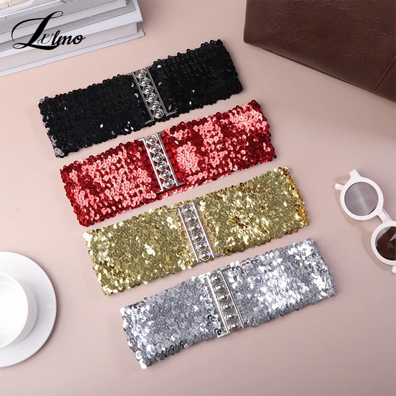 

Fashion Ladies Waistband Charms Women Elastic Sequin Belly Waist Belt Casual Stretch Belt Buckle Corset Wide Waist Belts