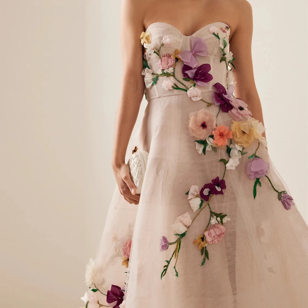 3D Flowers Backless A-line Evening Dresses Off-shoulder Sleeveless Dress Exquisite High Quality Prom Party Gowns for Customized image 3