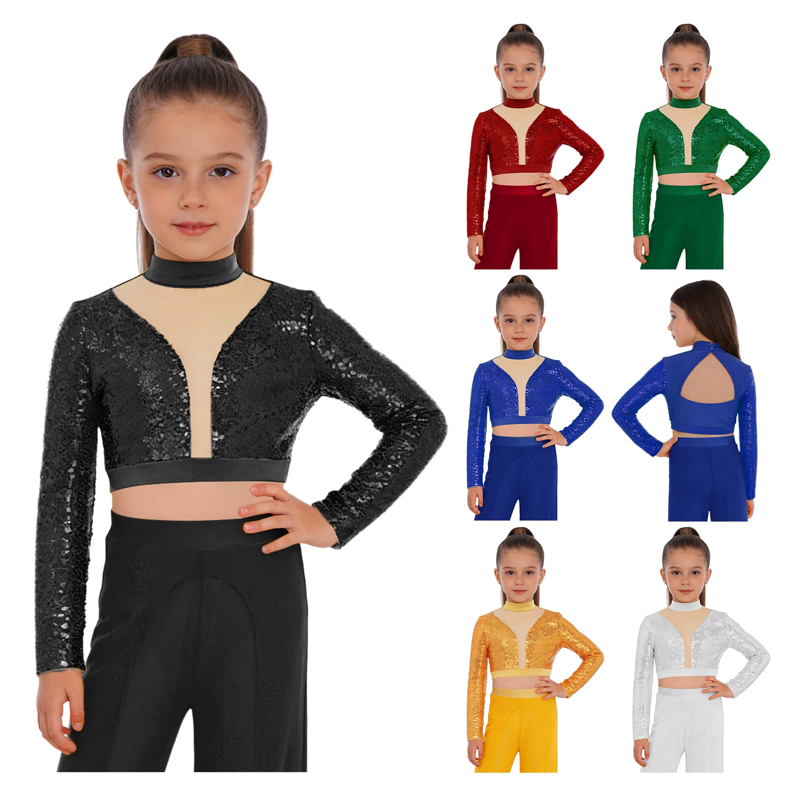 Shiny Sequins Crop Top for Kids Girls Long Sleeve Mesh Cutout Back T-Shirts Ballet Jazz Gymnastics Performance Competition Wear