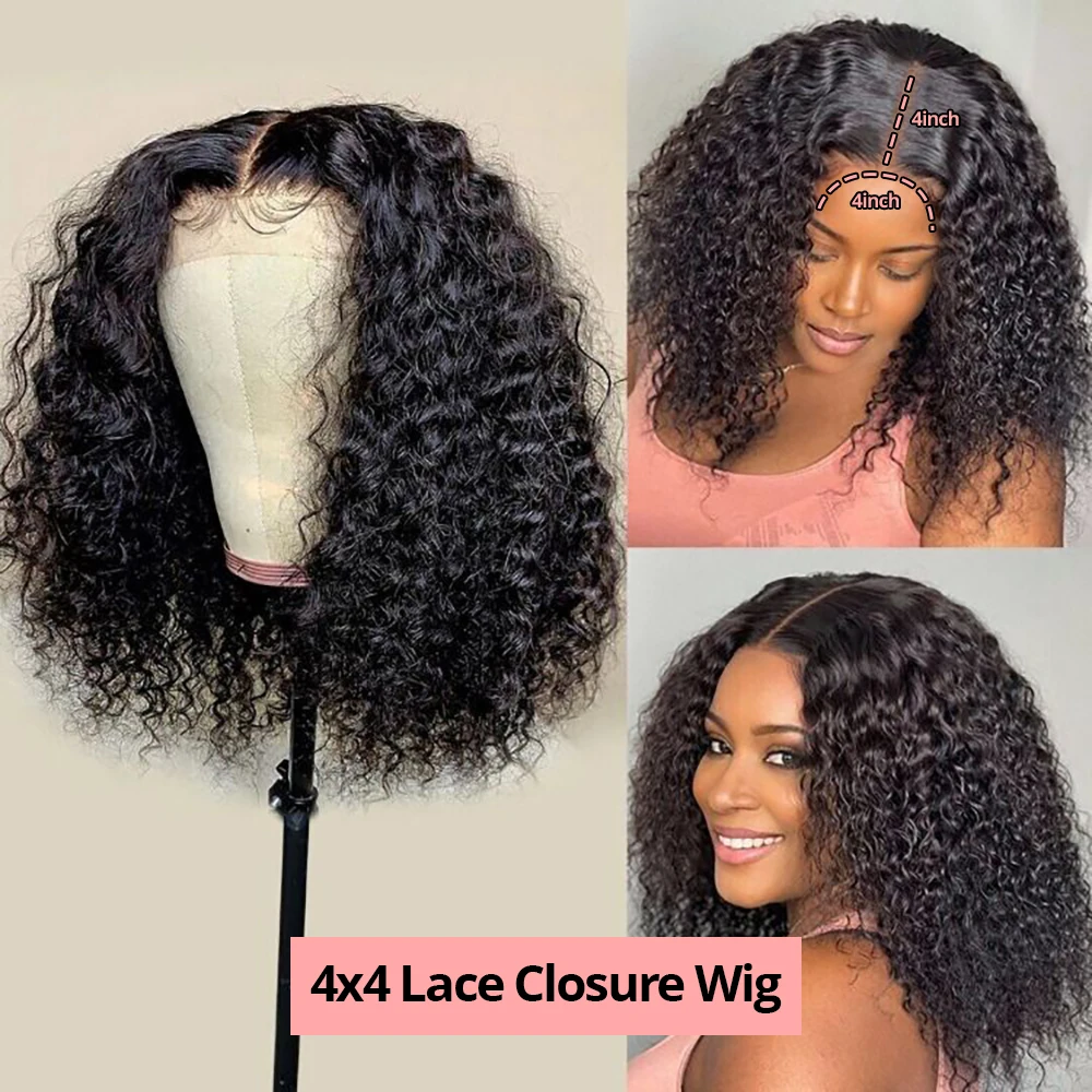 200 Density Short Bob Curly Human Hair Wigs Deep Wave 13x4 Lace Frontal Wig Human Hair Pre Plucked 4x4 Lace Closure Wigs On Sale