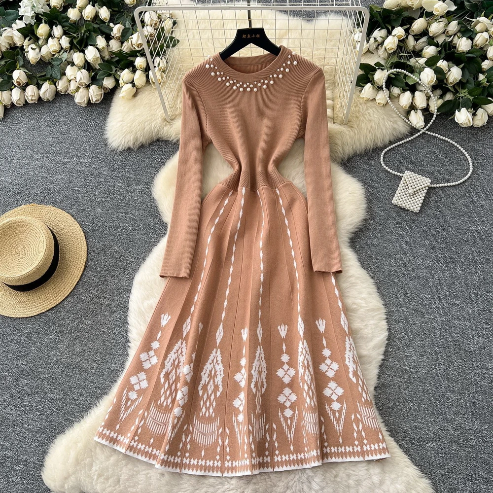 

Para Praia Autumn Winter Knitted Women Dresses Vintage Print A-line Elegant Vestidos Mujer Korean Fashion Warm Long Dress