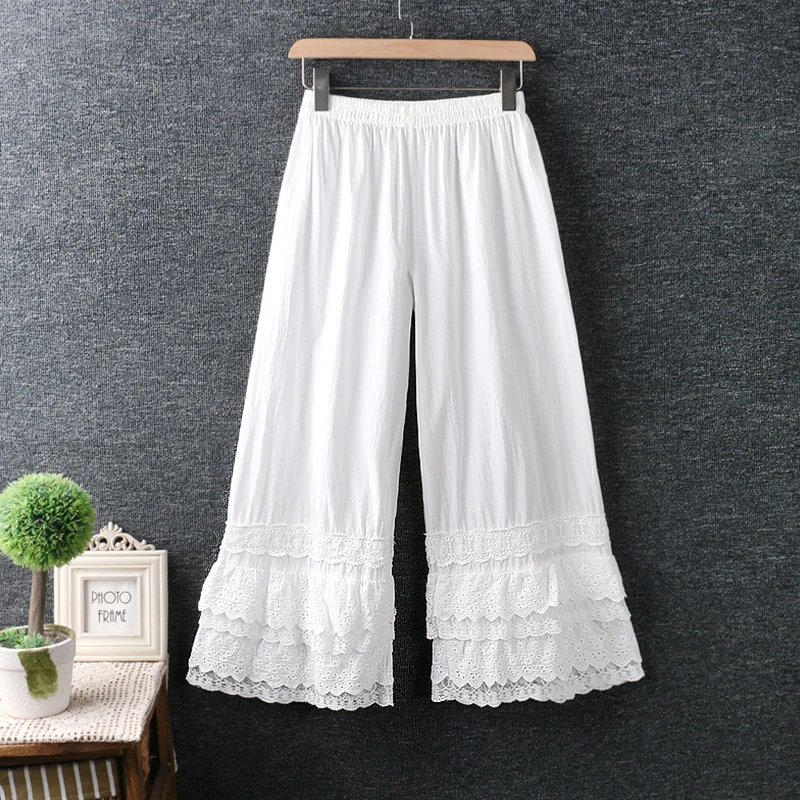 Spring Autumn Casual Sweet Loose Pants Women Clothing Literary Fresh Elastic Waist Cotton Linen Lace Wide Leg Pants K003