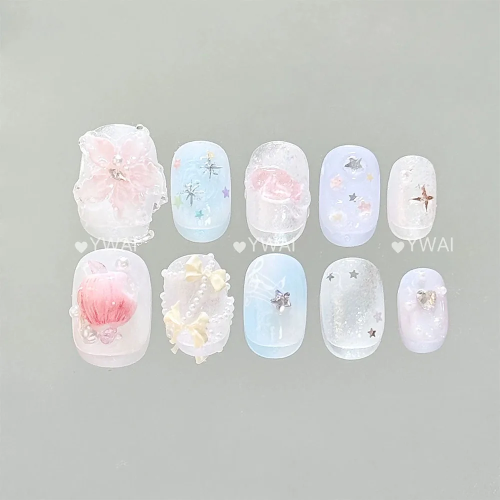 Y2K Sweet Cool Pearl Stars Polka Dots Handmade Nail Art Colored Diamond Bowknot Flower Square Round Press On Nails Birthday Gift