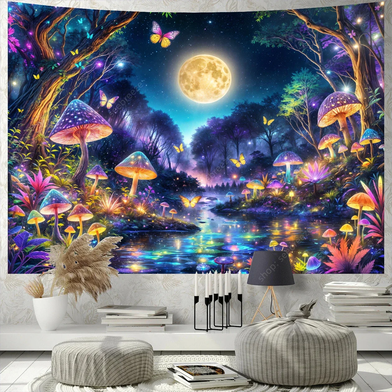 Boho Mushroom Butterfly UV Reaction Wall Tapestry Forest Moon Neon Tapestries Hippie Bedroom Aesthetic Dorm Decor Party Decor