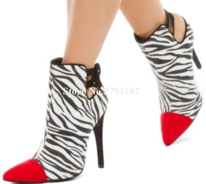 Zebra Short Boots Red Pointed Toe Patchwork White-black Suede Stiletto Heel Short Boots Sexy Cut-out Ankle Buckles Ankle Booties