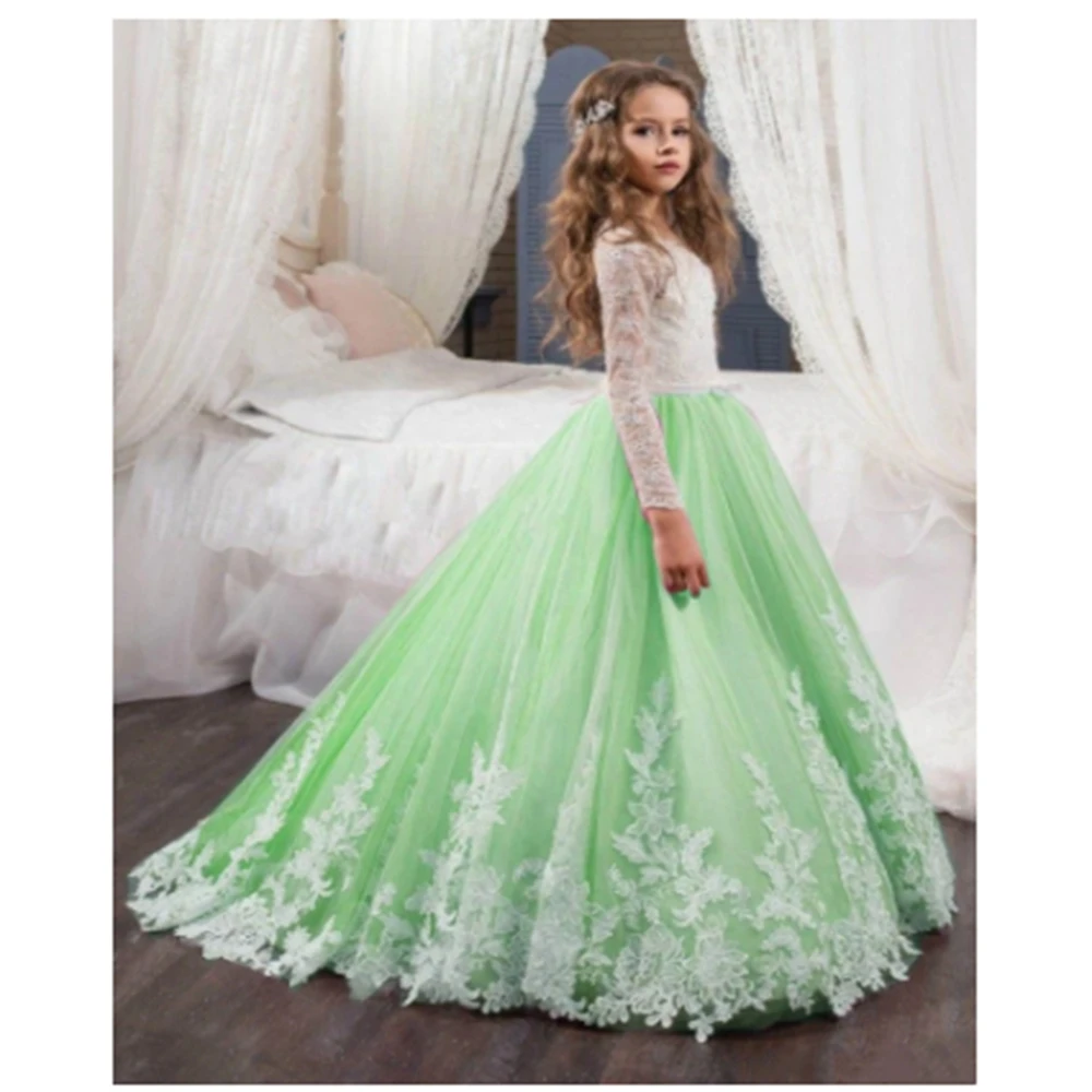 Prima comunione bianco verde Puffy Lace Appliques maniche lunghe Flower Girl abiti per la festa di compleanno di nozze