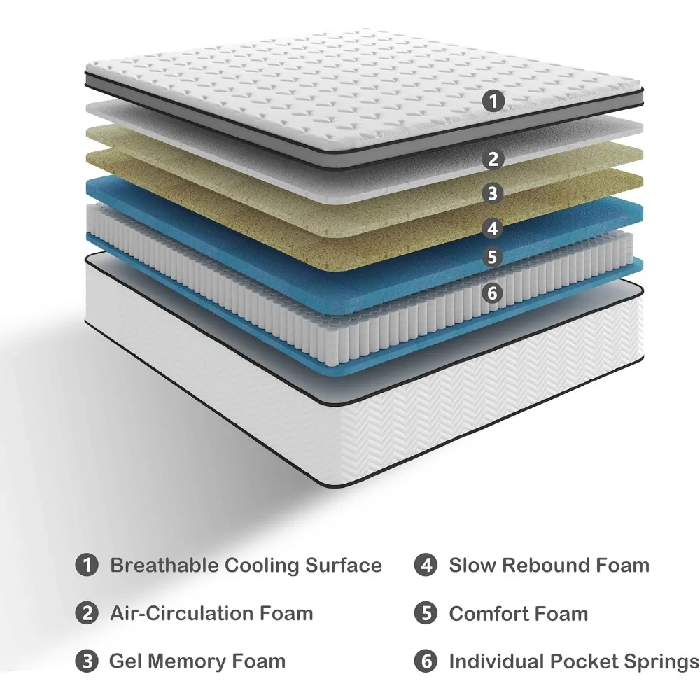مرتبة هجينة من إسفنج الذاكرة من جل التبريد بالحجم الكامل مقاس 12 بوصة مع ملفات جيب، ودعم متوسطي