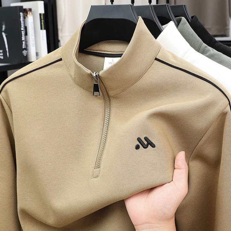 Camiseta de Manga Longa para Primavera e Outono, Sweatshirts Simples e Versáteis Bordadas para Homens, Hoodie Casual com Zíper Frontal