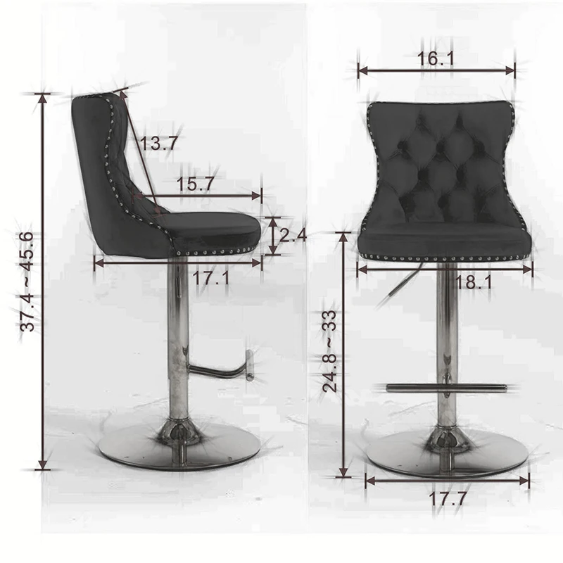 Tabourets de bar à base chromée avec dos, siège réglable, tabouret de bar à percussion en velours, confortable, touffeté pour la maison, PU, recommandé de 25 à 33 pouces