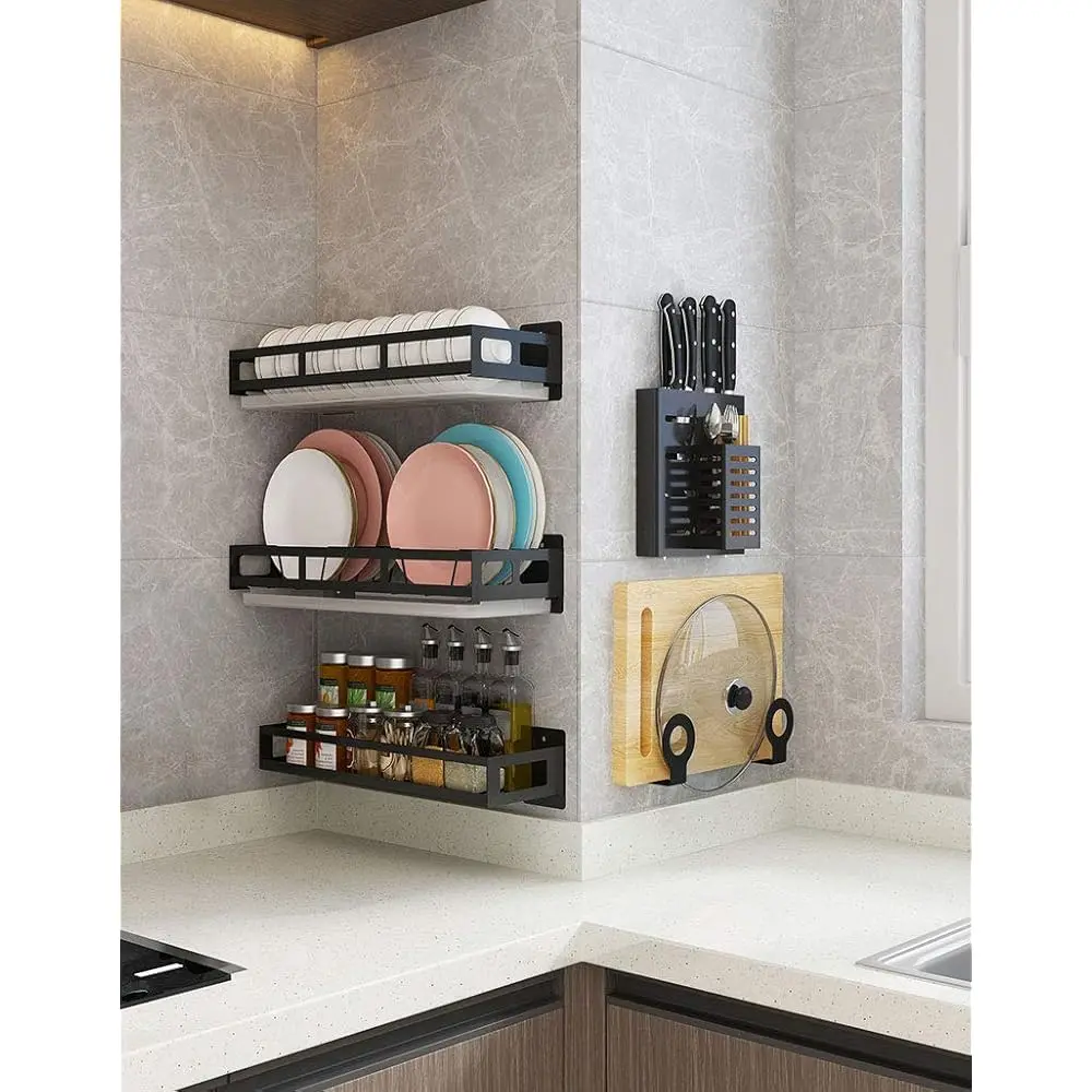

Wall-Mounted Kitchen Organizer Set - Plate Rack, Bowl Rack, Pot Lid Holder/Cutting Board Holder, Knife Rack, Spice Rack,