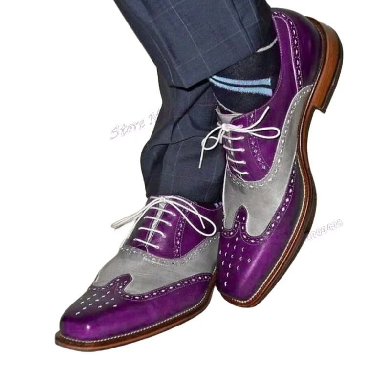 Mocassins d'affaires à lacets violets pour hommes, chaussures Parker pointues, talons épais, robe de créateur de fête de mariage, piste, nouveau style, 2023