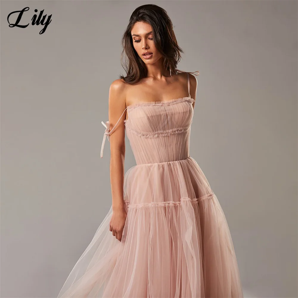 Lily Pink Prom Dresses Spaghetti Strap Celebrity Dresses Pleat Sweetheart Women\'s Evening Dress Net A Line Formal Gown 프롬 드레스