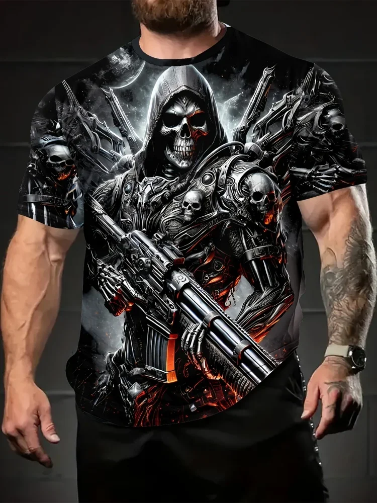 Gothic Skull Warrior Print T-Shirt für Herren, Dark Cyberpunk Grim Reaper Grafik-T-Shirt, lässige, lockere Streetwear, Sommer-Tops für Herren
