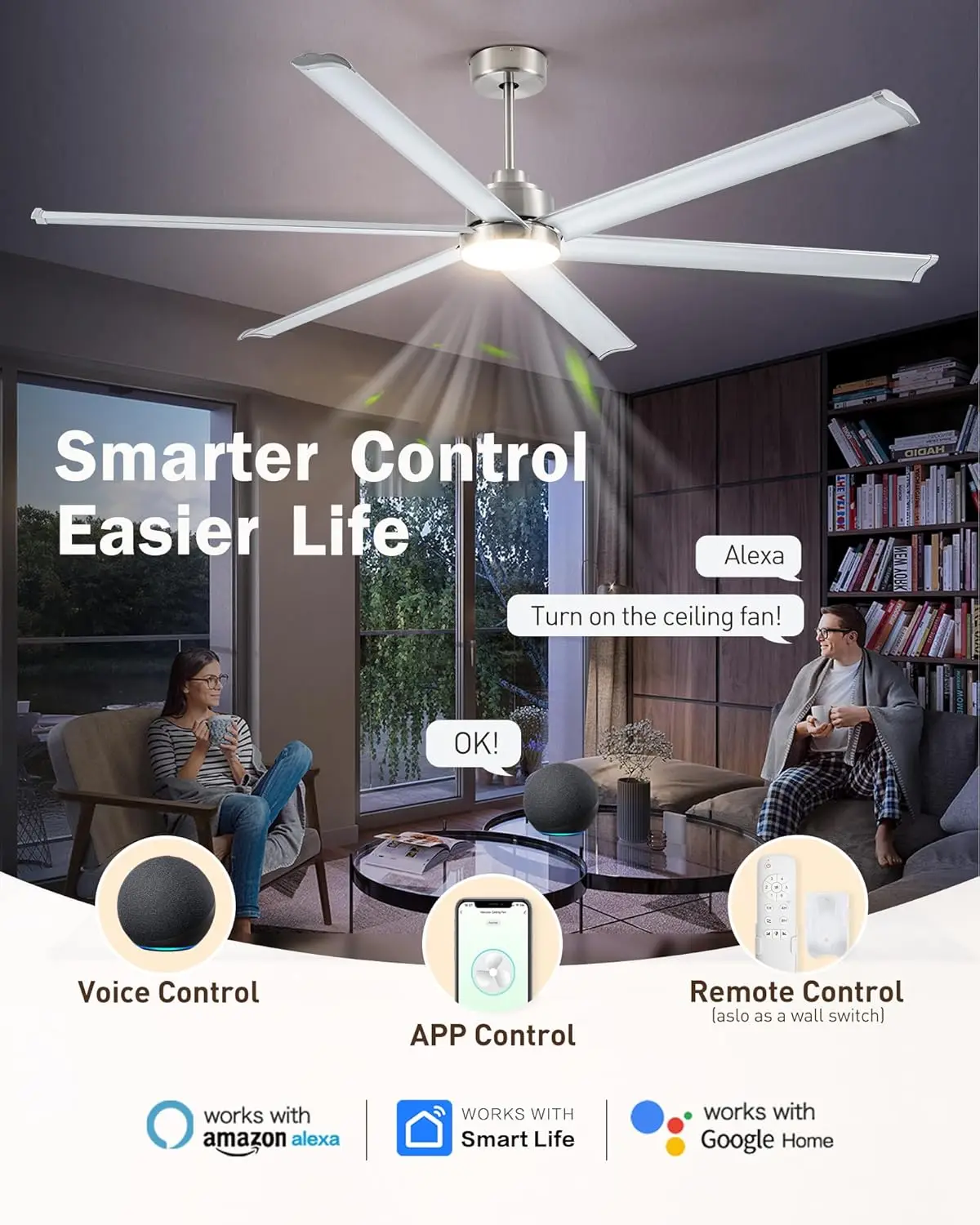 مراوح سقف صناعية ذكية مقاس 84 بوصة مزودة بإضاءة وجهاز تحكم عن بعد، و6 شفرات ألومنيوم مزدوجة الطبقات، ومروحة سقف كبيرة من النيكل المصقول مع 6 سرعات #2