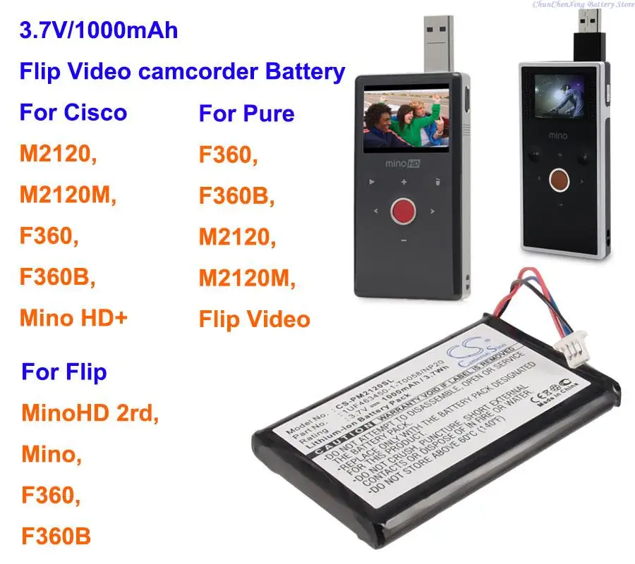 

Cameron Sino 1000mAh Battery for Cisco/Pure/Flip F360,F360B, For Cisco/Pure M2120,M2120M, For Cisco Mino HD+, For Flip Mino