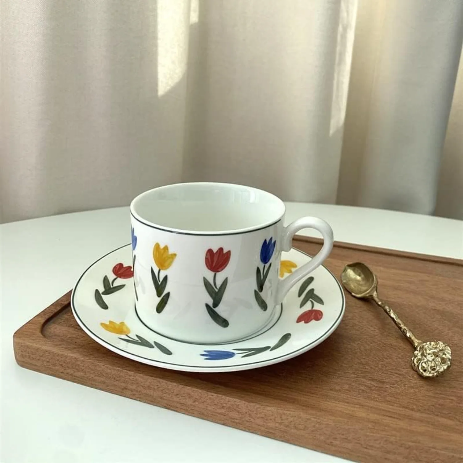Cutelife Retro Flower White Ceramic Coffee Cup Saucer Set - Vintage Kitchen Decorative Tea Cup - Breakfast Mug, Perfect for Drin