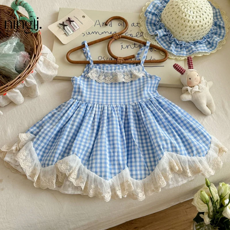 

Free Hat with Girls' Dress2025Summer New Children's Plaid Strap Dress Lace Trim Dress