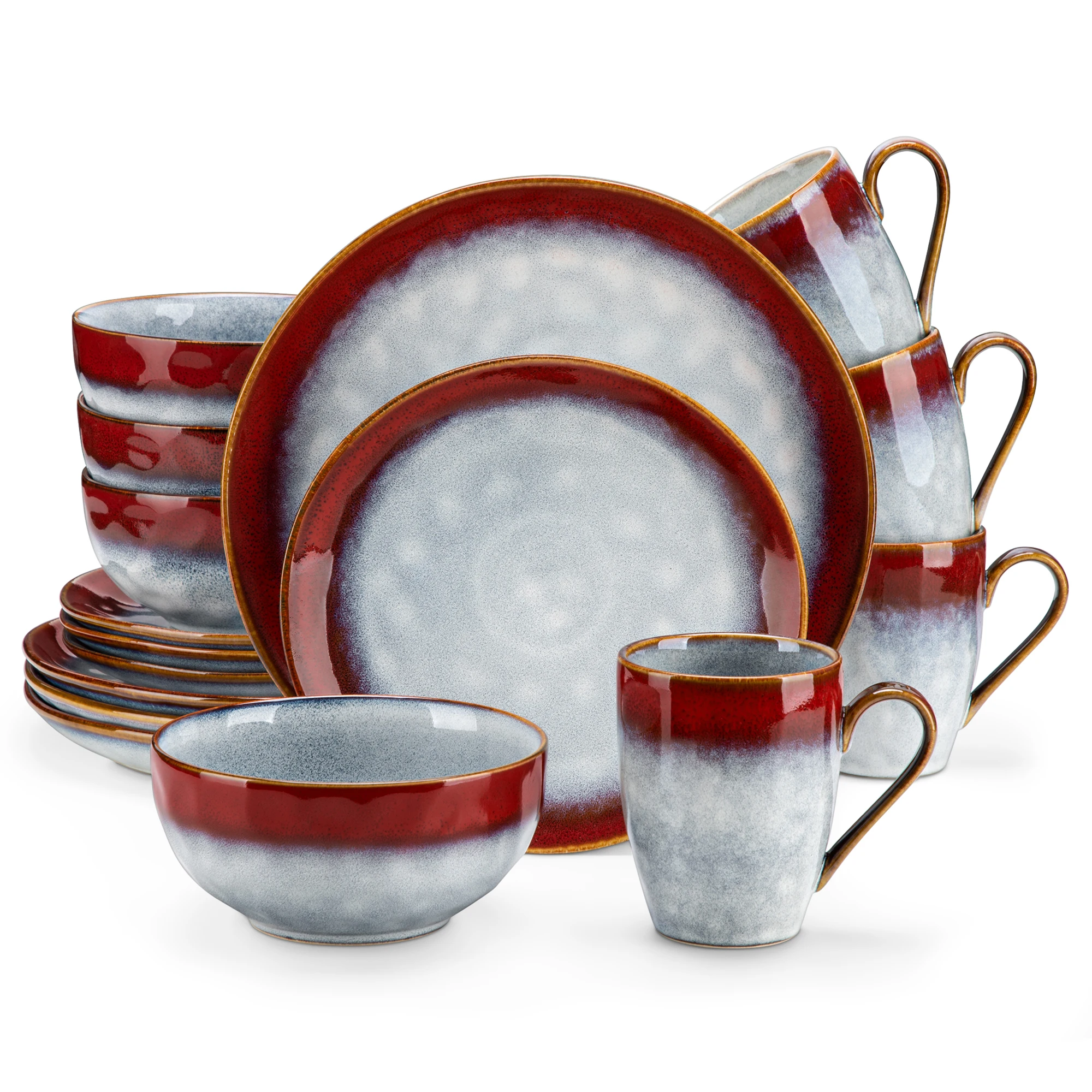 vancasso 16/32-delige dinerset, rood groen ovenwisselglazuur servies dinerservice met 4 stuks dinerbord/dessert/kom/mok