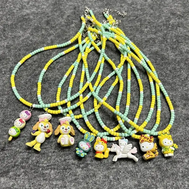 Sanrio Hello Kitty Kawaii Cartoon Doll Pendant Diy Beaded Necklace Summer Dopamine Neckchain Jewelry Girl's Child Birthday Gift