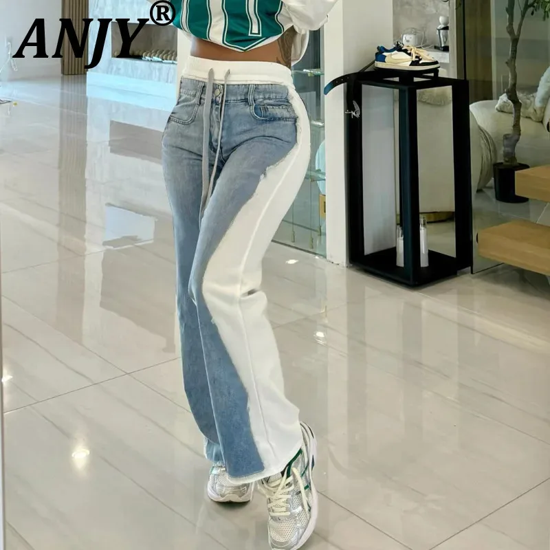 

ANJY весенне-осенние новые женские модные джинсы с цветными блоками и карманами, эластичные уличные повседневные прямые джинсовые брюки с завязками A12154