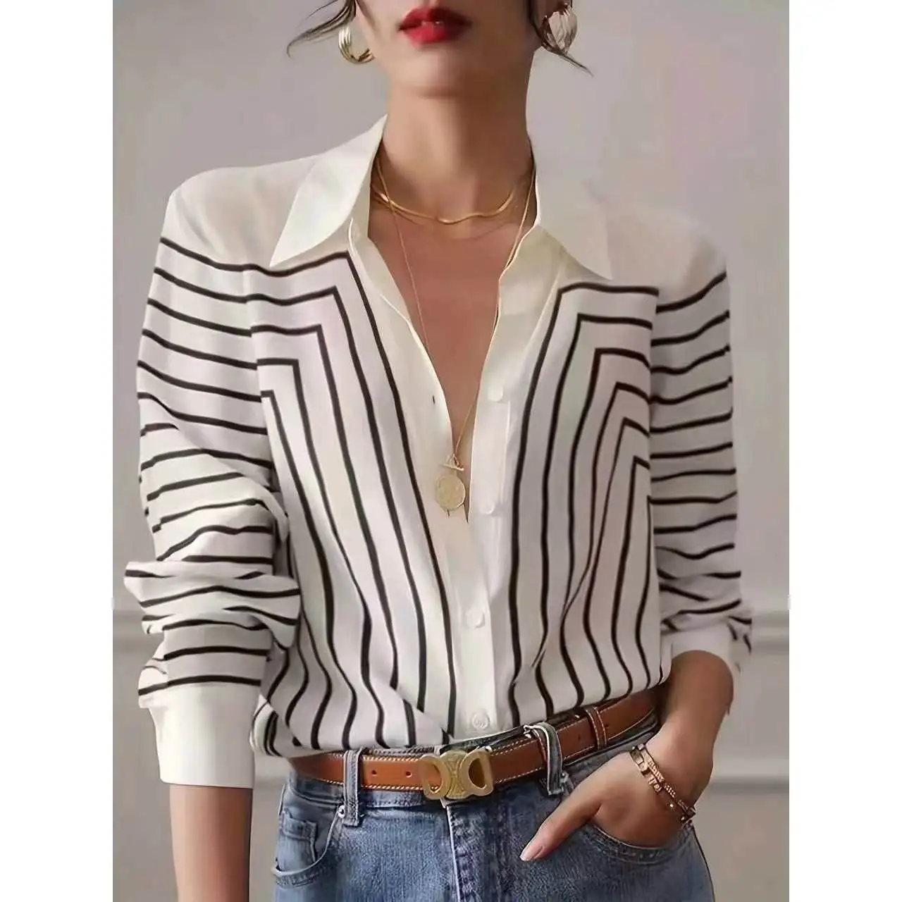 

Navy blue&white striped V-neck long sleeved shirt for men and women, elegant office casual chic shirt, spring and autumn style