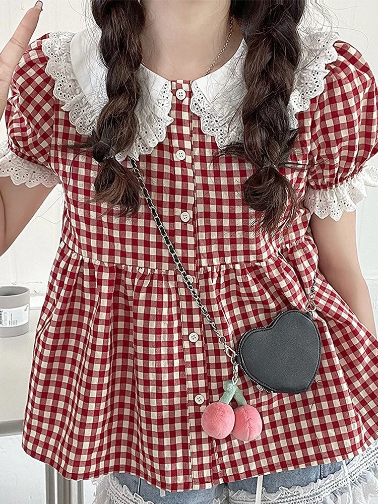 

Jmprs Red Plaid Cute Shirt Women Casual Sweet Puff Sleeve Retro Blouse Japan Loose Lace Patchwork Female Preppy Style Kawaii Top