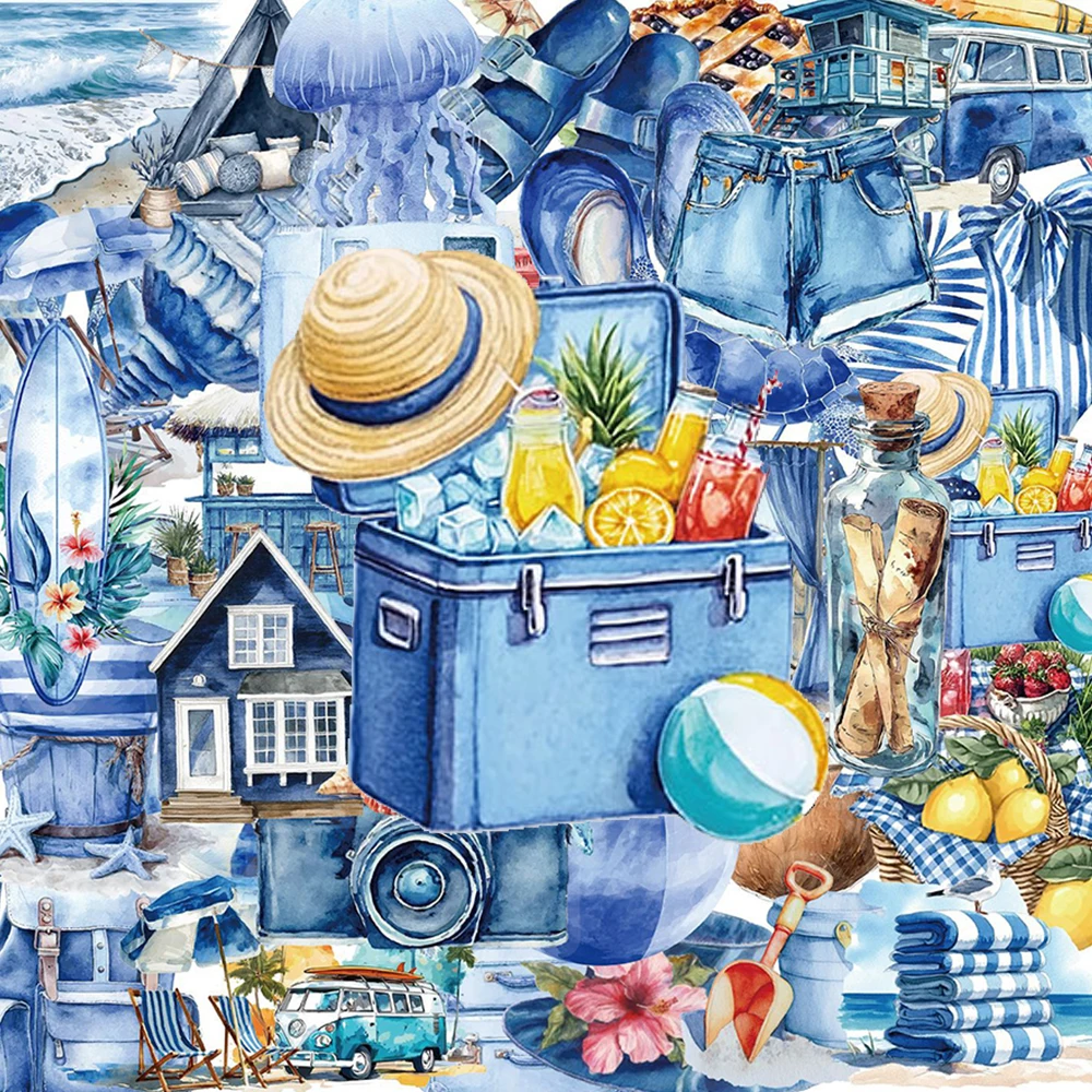 

10/30/50pcs Cartoon Transparent Blue Summer Beach Stickers Cute Decoration Sticker for Notebook Guitar Luggage Waterproof Decals
