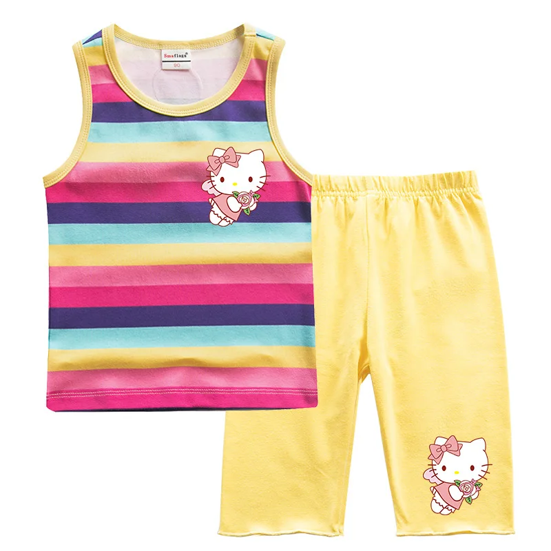 

Hello Kitty Children's Clothing New Rainbow Color Cartoon Top Suit Girls Cute Casual Sleeveless + Shorts Two-piece Set For Kid's