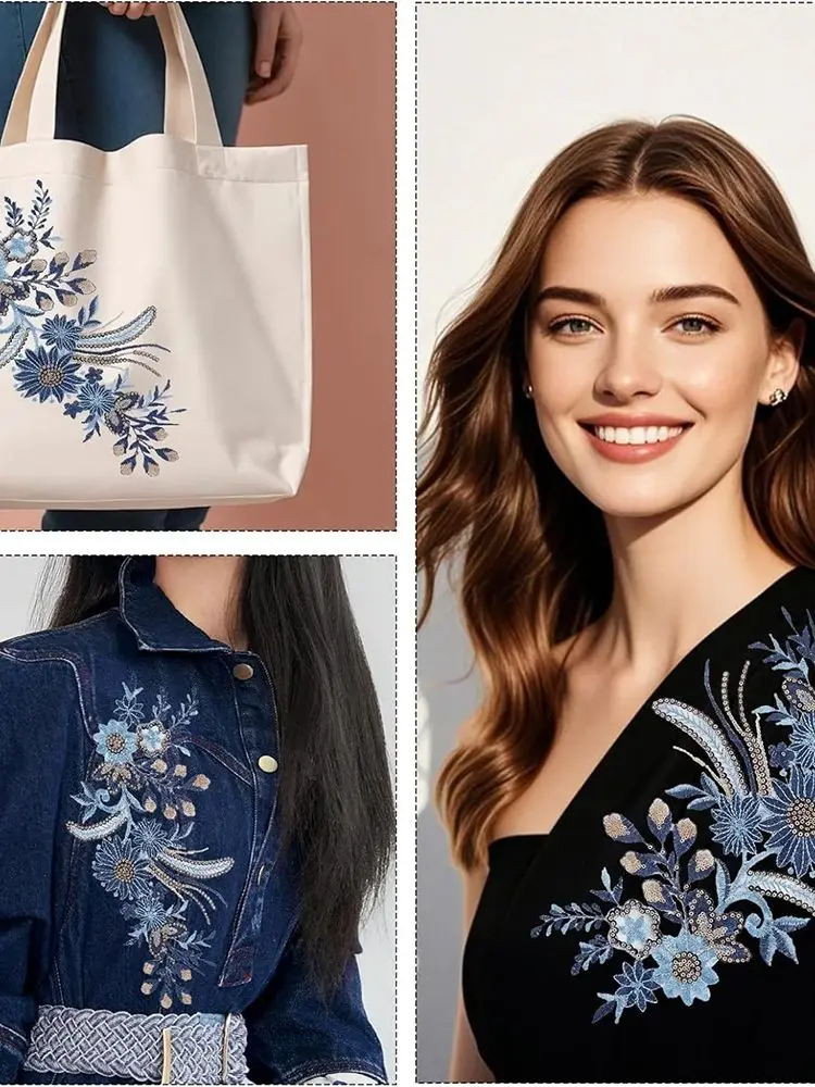 Patchs brodés à paillettes de fleurs bleues classiques, 1 paire, tissu pour sacs, robe, manteau, accessoires, couture, artisanat de réparation fait à la main