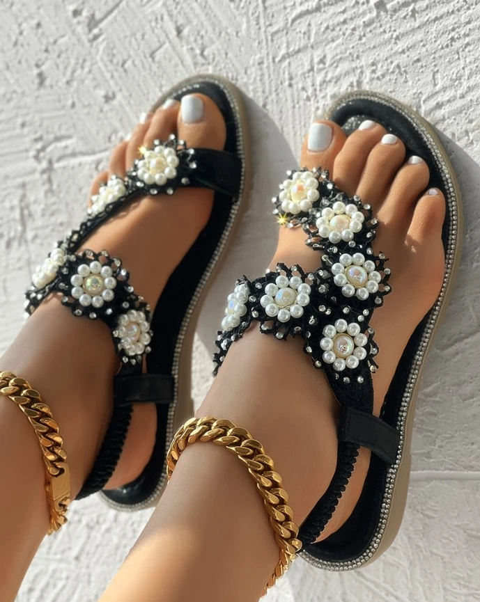 Floral Pattern Beaded Toe Post Sandals