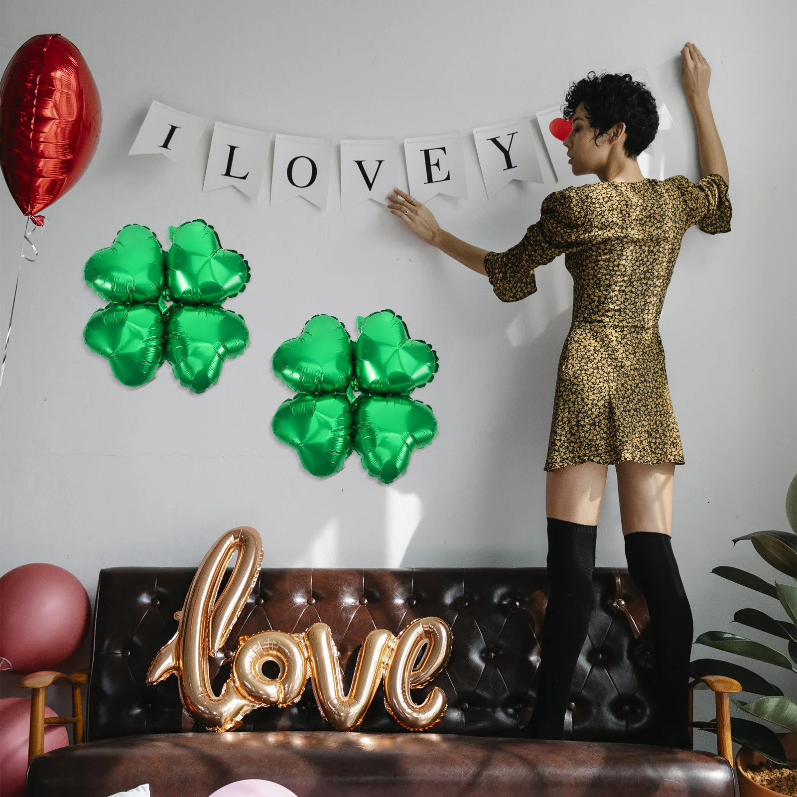 

50pcs Heart Shape Four Leaf Clover Foil Balloons Green Party Wedding Festival Decorations Reusable Aluminum