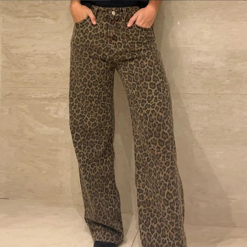 BPN Hit Color Leopard Casual Denim Jeans For Women High Waist Spliced Button Minimalist Loose Flare Pants Female Fashion Style