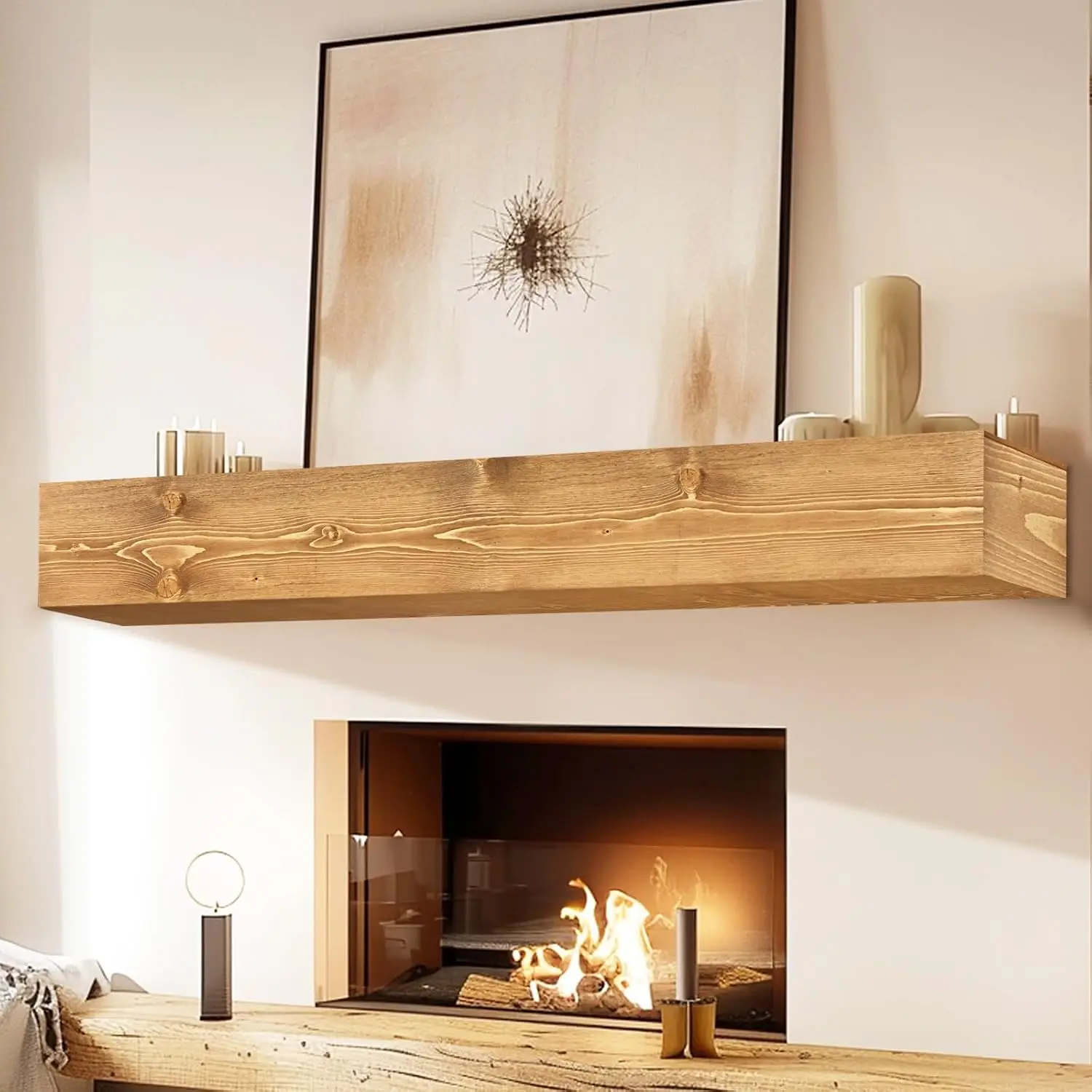 60'' Fireplace Mantel, 6'' Thick Pine Wood Floating Shelf, Wood | Handcrafted Rustic Finish, Concealed Brackets, Scratch-Resista